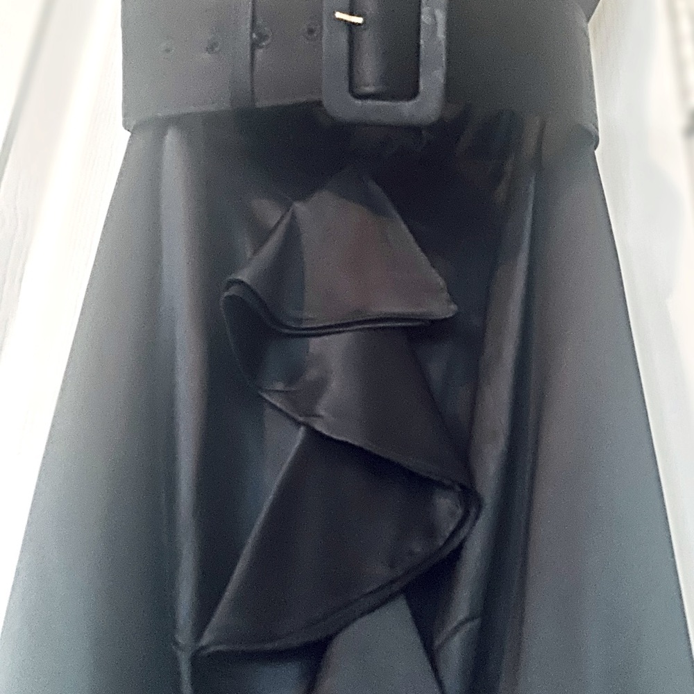 Black, strapless, dress, belted waist with ruffle. - Picture 2 of 4
